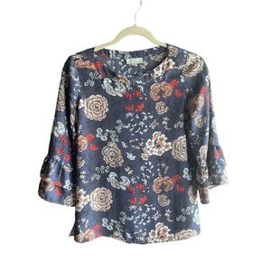 LOFT Gray Floral 3/4 Length Bell Sleeves, Crew Neck, Petite XXS-P